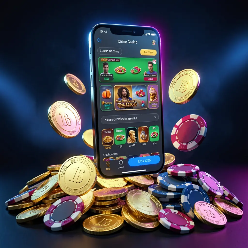 AQ880 online casino app promotion banner with a phone floating above golden coins and poker chips against a dark blue and black background with cinematic neon glow in a realistic 3D render