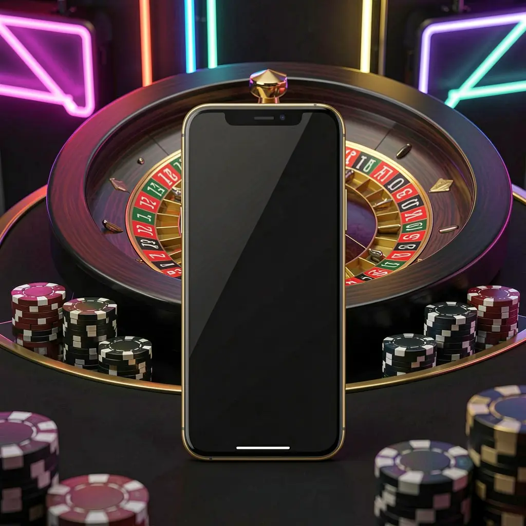 AQ880 mobile casino application scene featuring a phone in the center with a roulette wheel and poker chips in the background, illuminated by glowing neon lights in a premium black and gold style
