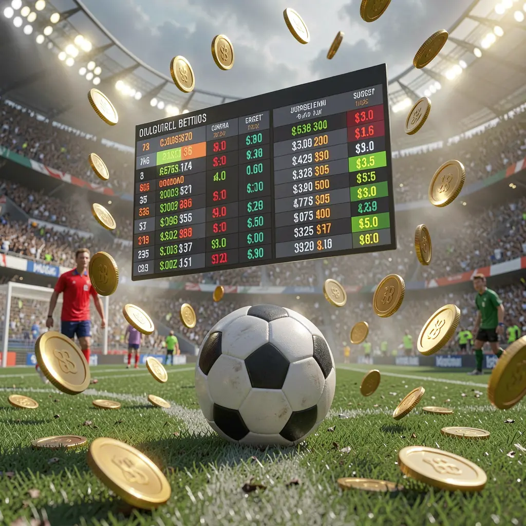 Realistic 3D illustration of a football match atmosphere in a packed stadium with a soccer ball in the foreground, floating digital odds interface, and golden coins flying, showcasing AQ880 sports betting experience