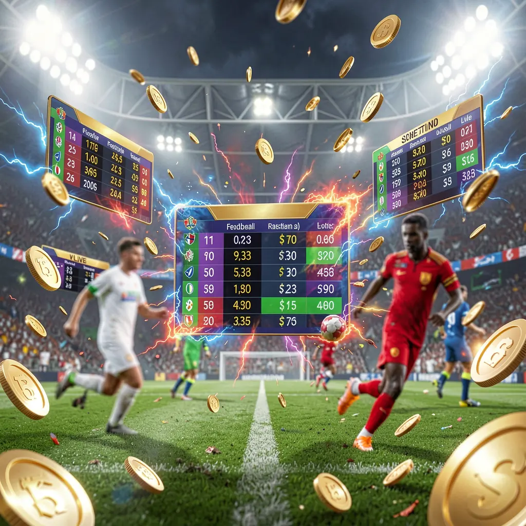 AQ880 live football betting concept showing a soccer stadium with bright lights, blurred players in action, floating odds panels, coins, and dynamic energy effects in a premium cinematic render