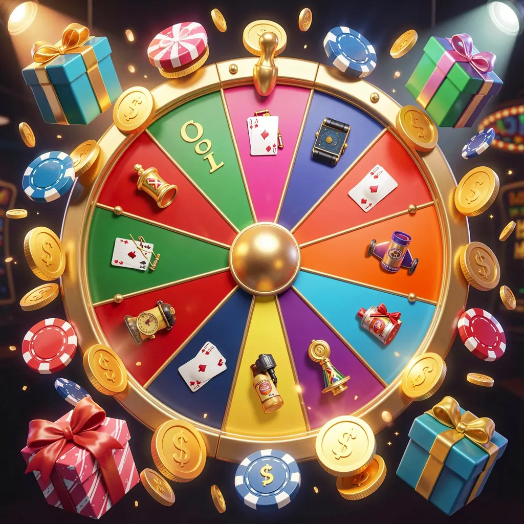 AQ880 online casino bonus wheel with colorful prize wheel surrounded by golden coins, chips, and gift boxes, glowing casino lights creating an exciting jackpot atmosphere on a dark background AQ880 online casino bonus wheel with colorful prize wheel surrounded by golden coins, chips, and gift boxes, glowing casino lights creating an exciting jackpot atmosphere on a dark background