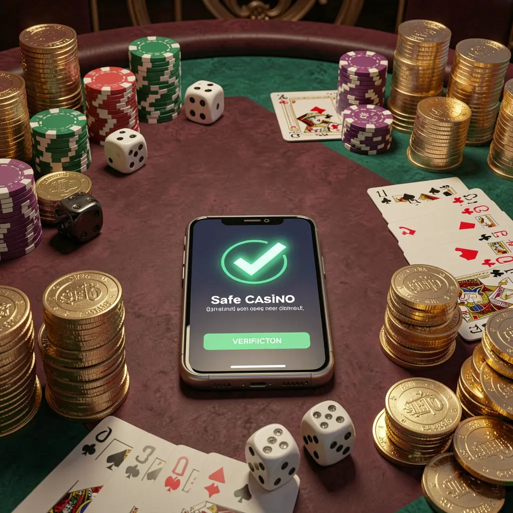 AQ880 safe casino login concept showing a smartphone with verification checkmark icon surrounded by chips, cards, dice, and golden coins on an elegant luxury casino table in a 3D realistic render