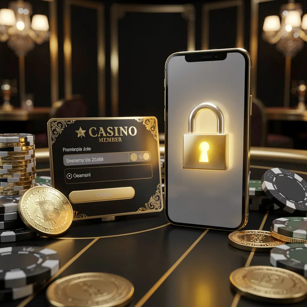 AQ880 casino member login concept featuring a premium membership card next to a smartphone with a glowing lock symbol, poker chips, and coins on a black and gold luxury background in a realistic 3D illustration