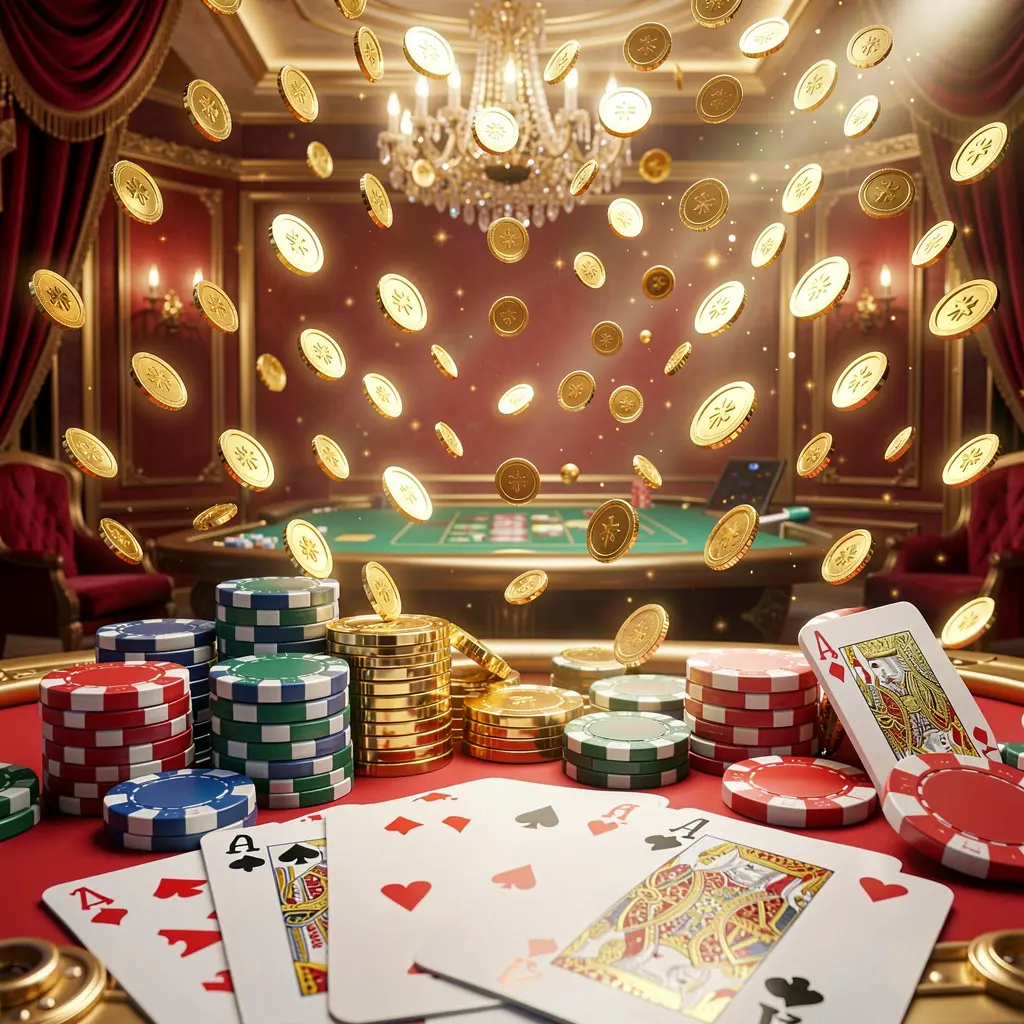 AQ880 online gaming platform homepage banner with bright casino lights, golden coins raining, poker chips and playing cards in the foreground, set in a luxury red and gold atmosphere with high detail 3D render AQ880 online gaming platform homepage banner with bright casino lights, golden coins raining, poker chips and playing cards in the foreground, set in a luxury red and gold atmosphere with high detail 3D render